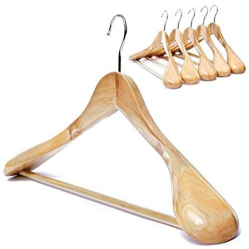 Clutter Mate - Set of 6 - Premium Finished Wooden Suit Hangers, Natural Wood-Grain Coat, Solid Wood Hangers, Wide Shoulder Heavy Clothes Hanger for Suits, Jacket, Non Slip Pants, with Swivel Hook