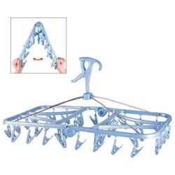 Foldable Clip and Drip Hanger, Socks Hanger Underwear Hanger with 36 Clothespins & Wind-Proof Hook, Hanger for Drying Towels, Bras, Baby Clothes, Plastic Laundry Sock Drying Hanger, Large Blue