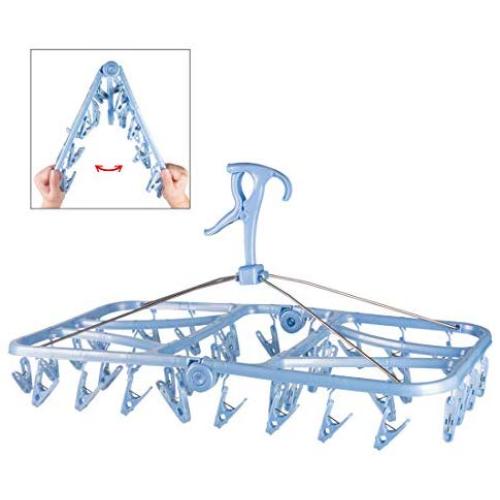 Foldable Clip and Drip Hanger, Socks Hanger Underwear Hanger with 36 Clothespins & Wind-Proof Hook, Hanger for Drying Towels, Bras, Baby Clothes, Plastic Laundry Sock Drying Hanger, Large Blue