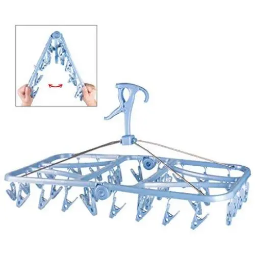 Foldable Clip and Drip Hanger, Socks Hanger Underwear Hanger with 36 Clothespins & Wind-Proof Hook, Hanger for Drying Towels, Bras, Baby Clothes, Plastic Laundry Sock Drying Hanger, Large Blue