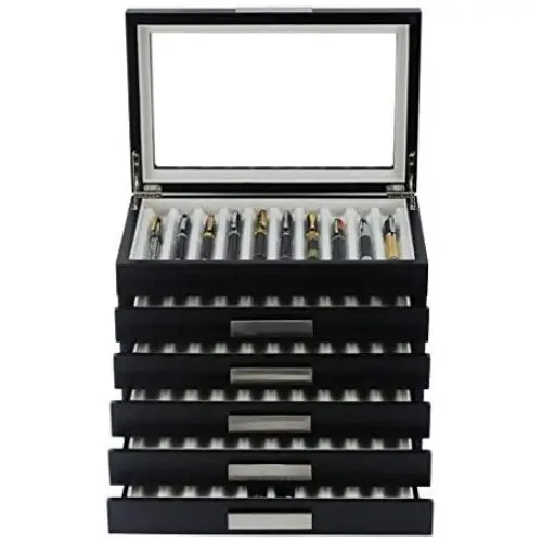 60 Piece Black Ebony Wood Pen Display Case Storage and Fountain Pen Collector Organizer Boxes with Glass Window Six Level Display Case with Drawers 60 Piece Black Ebony Wood Pen Display Case Storage and Fountain Pen Collector Organizer Boxes with Glass Window Six Level Display Case with Drawers