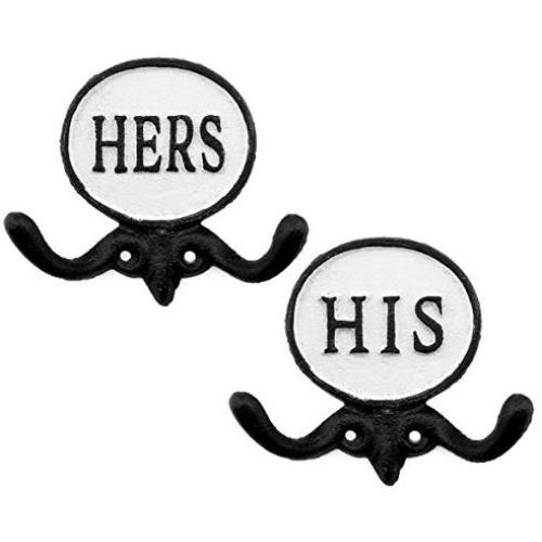 AuldHome His and Hers Towel Hooks (Set of 2); Cast Iron Rustic Farmhouse Decor Door Wall Hangers