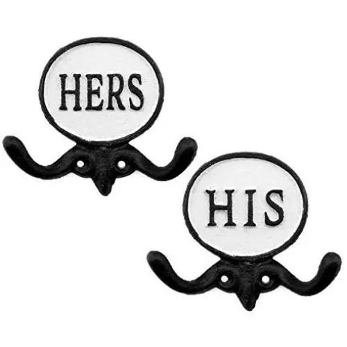 AuldHome His and Hers Towel Hooks (Set of 2); Cast Iron Rustic Farmhouse Decor Door Wall Hangers