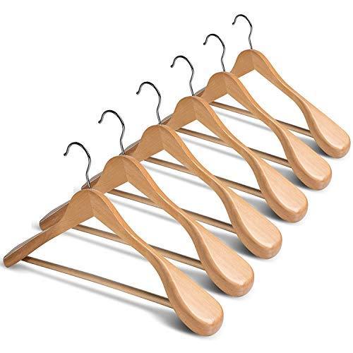 High-Grade Wide Shoulder Wooden Hangers 6 Pack with Non Slip Pants Bar - Smooth Finish Solid Wood Suit Hanger Coat Hanger, Holds upto 20lbs, 360° Swivel Hook, for Dress, Jacket, Heavy Clothes Hangers