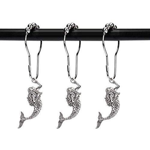 ZILucky 12pcs Set Mermaid Decorative Shower Curtain Hooks Stainless Steel Rings with Roller Balls for Linen Hanger Rust Proof Polished Chrome for Room Decor