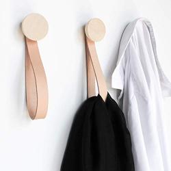 Round Beech Wood Wall Closet Coat Hook/Hanger with Leather Strap