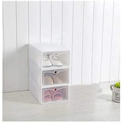VIOLETY 3pc Storage Shoes Boxes Clear Plastic Foldable Stackable Shoe Container Closet Shelf Organizer (Large, White) VIOLETY 3pc Storage Shoes Boxes Clear Plastic Foldable Stackable Shoe Container Closet Shelf Organizer (Large, White)