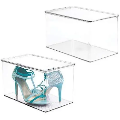 mDesign Stackable Closet Plastic Storage Bin Boxes with Lid - Container for Organizing Mens and Womens Shoes, Booties, Pumps, Sandals, Wedges, Flats, Heels and Accessories - 7&quot High, 2 Pack - Clear