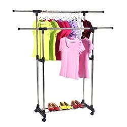 Heavy Duty Double Adjustable Portable Clothes Hanger Rolling Garment Rack Rail