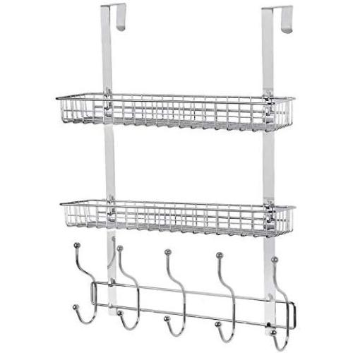 Coat Rack, MILIJIA Over The Door Hanger with Mesh Basket, Detachable Storage Shelf for Towels, Hats, Handbags, Coats (Chrome-2 Layer)