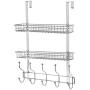 Coat Rack, MILIJIA Over The Door Hanger with Mesh Basket, Detachable Storage Shelf for Towels, Hats, Handbags, Coats (Chrome-2 Layer)
