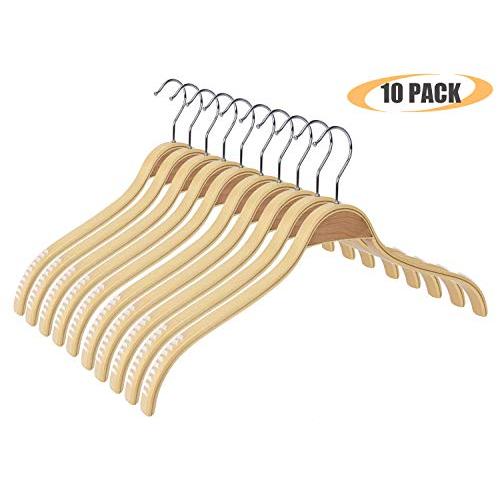 EAZONE Durable Wooden Clothes Hangers Natural Finish Extra Wide with Soft Non-Slip Stripes - 10 Pack