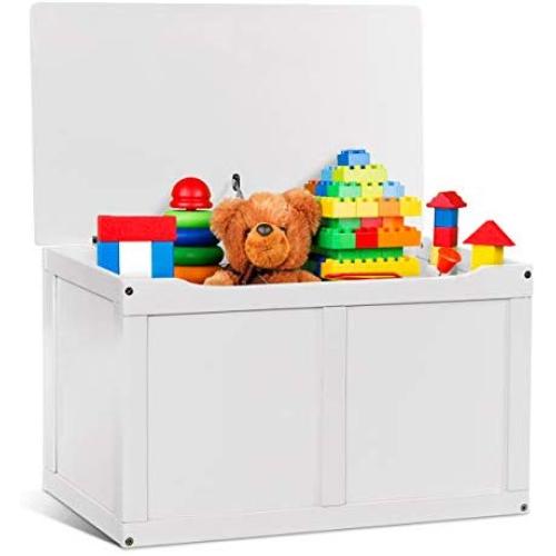 Costzon Toy Storage Chest Organizer, Wooden Toy Boxes with 2 Safety Hinge & Lid for Kids (White)