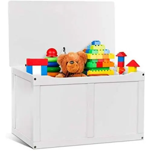 Costzon Toy Storage Chest Organizer, Wooden Toy Boxes with 2 Safety Hinge & Lid for Kids (White)