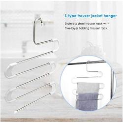 5pcs Random Color Clothes Hanger S Type 5 Layer Pants Clothing Hanging Rack Stainless Steel Space Saving Closet Towel Storage Rack Shelf