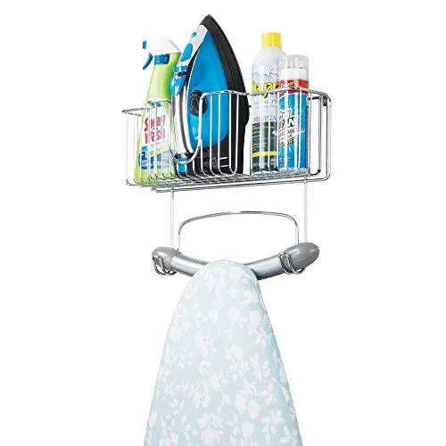 mDesign Wall Mount Metal Ironing Board Holder with Large Storage Basket - Holds Iron, Board, Spray Bottles, Starch, Fabric Refresher for Laundry Rooms - Chrome