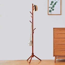 WALTSOM Coat Racks Free Standing, Wooden Coat Hat Tree with 8 Hooks, Hallway Entryway Clothes Hanger Hook Stand for Coat, Scarves, Handbags, Umbrella, NO Tools Required, Solid Wood (Caramel)