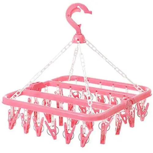 Maserfaliw Drying Rack Folding Square 32 Clips Windproof Underwear Socks Clothespin Drying Rack Hanger Pink