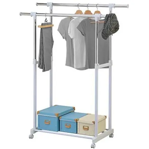 MyGift Chrome Plated Adjustable Dual Bar Garment Display Rack, Rolling Clothes Hanger with Bottom Shelf MyGift Chrome Plated Adjustable Dual Bar Garment Display Rack, Rolling Clothes Hanger with Bottom Shelf