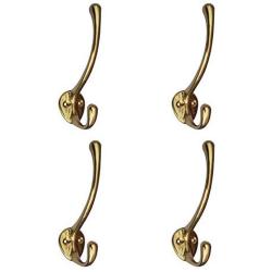 Tiazza 4Pcs Antique Solid Brass Clothes Hooks Entryway Coat Hooks Scarf and Jacket Hangers Perfect Bath Towel Heavy Hooks (Gold)