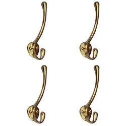 Tiazza 4Pcs Antique Solid Brass Clothes Hooks Entryway Coat Hooks Scarf and Jacket Hangers Perfect Bath Towel Heavy Hooks (Gold)