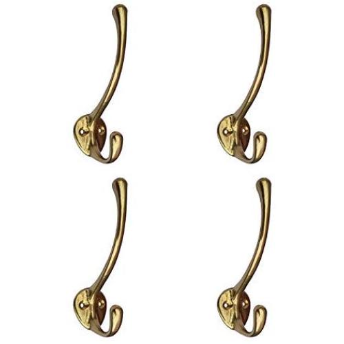 Tiazza 4Pcs Antique Solid Brass Clothes Hooks Entryway Coat Hooks Scarf and Jacket Hangers Perfect Bath Towel Heavy Hooks (Gold)