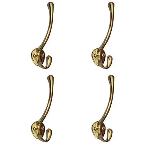 Tiazza 4Pcs Antique Solid Brass Clothes Hooks Entryway Coat Hooks Scarf and Jacket Hangers Perfect Bath Towel Heavy Hooks (Gold)