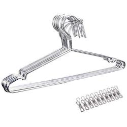 qinglele Hangers Stainless Steel, Strong Metal Wire Hangers,Unique Windproof Design Automatic Locking,10 Pcs 15.7 Inch,+10 Clips