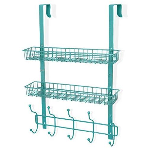 Coat Rack, MILIJIA Over The Door Hanger with Mesh Basket, Detachable Storage Shelf for Towels, Hats, Handbags, Coats (Tiffany Blue-2 Layer)