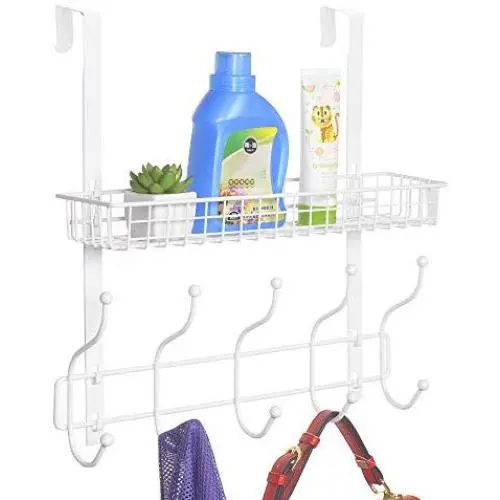 KEIMIX Coat Rack, Over The Door Hanger with Mesh Basket, Detachable Storage Shelf for Towels, Hats, Handbags, Coats (White)