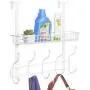 KEIMIX Coat Rack, Over The Door Hanger with Mesh Basket, Detachable Storage Shelf for Towels, Hats, Handbags, Coats (White)