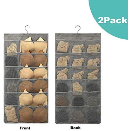 2 Pack Closet Hanging Organizer with 30 Mesh Pockets & Rotating Metal Hanger,Dual Sided Wall Shelf Wardrobe Storage Bags,Oxford Cloth Space Saver Bag for Bra Underwear Underpants Socks by HIN