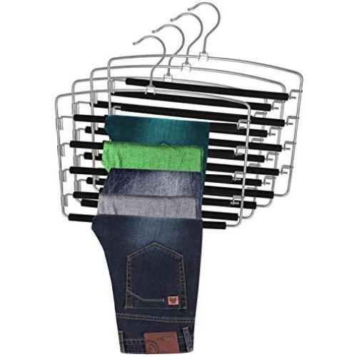 SAN RONG Pants Hangers 5 Layers Stainless Steel Non-Slip Foam Padded Swing Arm Space Saving Clothes Slack Hangers Closet Storage Organizer for Pants Jeans Trousers Skirts Scarf Ties Towels(Pack of 4)