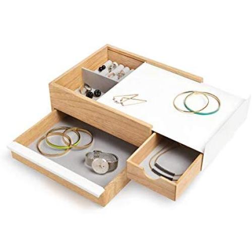 Umbra Stowit Jewelry Boxes - Modern Keepsake Storage Organizer with Hidden Compartment Drawers for Ring, Bracelet, Watch, Necklace, Earrings, and Accessories (White / Natural) (Renewed)