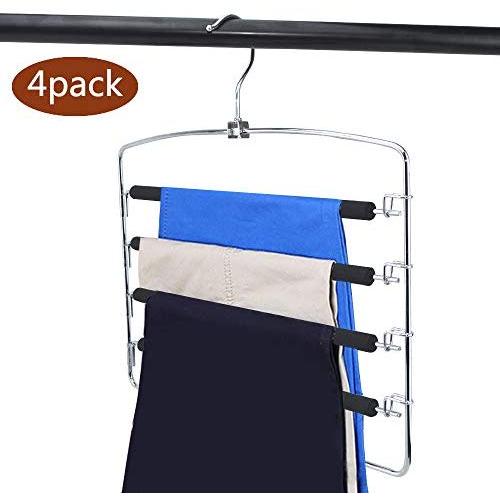 E-Smurfs Pants Hanger, Space-Saving Stainless Steel Clothes Finishing Racks,5 Layers Non-Slip Foam, Storage Pants Cowboy Maxi Scarf Tie Towel. (4 Pack)