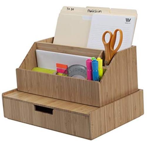 Bamboo Large Drawer Plus Desktop All-in-One Organizer for File Folders, Notepads, Pens, Stationary Items, Small Electronics and More