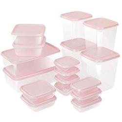 Nrpfell 17Pcs/Set Refrigerator Crisper Plastic Storage Boxes Food Container Microwavable Food Fresh Storage Boxes Sealed Crisper for Kitchen-Pink