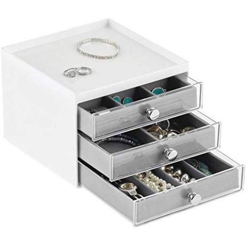 mDesign Plastic 3-Drawer Jewelry Organizer Boxes for Storage on Dresser, Vanity, Countertop - Holds Earrings, Bracelets, Necklaces, Bangles, Rings - White/Gray