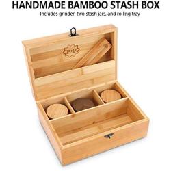 Pike & Pine Handmade Large Stash Boxes Combo - Storage For Herbs and Accessories | 100% Bamboo w/Natural Finish | Includes Grinder + 2 Stash Jars | Discrete Design, Lockable, and Removable Dividers