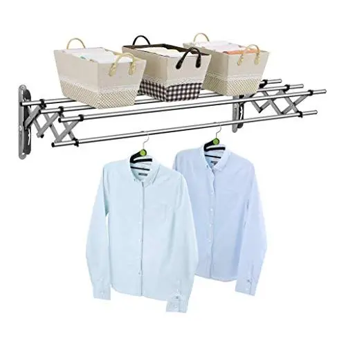 Wellex] 59&quot Stainless Steel Folding Clothes Drying Rack (60lb Capacity, 22.5 Linear FEET) Folding Clothes Drying Rack Wall Mounted, Great Organization Landry Room, Indoor Outdoor Use
