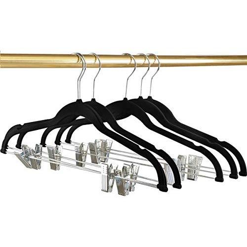 Jiede Velvet Clothes Hangers Heavy Duty with Metal Clips Non Slip for Pants Skirt Hanger- 360 Degree Chromes Swivel Hook (Black),15pcs