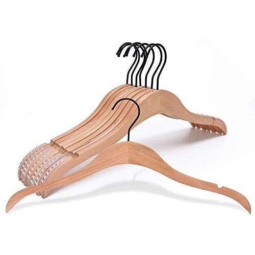 JS HANGER Coat Hangers Wooden Suit Hangers 18" Length with Non-Slip Stripes and Notches - Natural, Set of 8