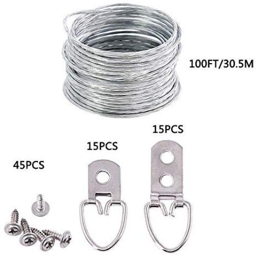 ECKJ Picture Hanging Kit 15 Pcs D Ring Picture Hangers 2 Hole 15 Pcs D Ring Picture Hangers 1 Hole 45 Pieces Screws with 100 Feet Picture Hanging Wire Supports up to 30 lbs