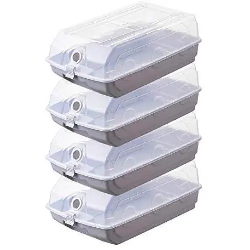 Gudessly Plastic Clear Stackable Storage Boxes Drawer Dustproof Shoe Container/Rack Shoe Organizer with Clear Windows(Grey-4 PCS)