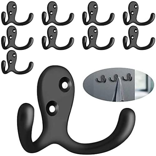 10 Pack Double Prong Robe Towel Hooks Wall Hooks for Towels Heavy Duty Towel Hanger Towel Holder for Bathroom Bedroom Kitchen, Bathroom Accessories Black