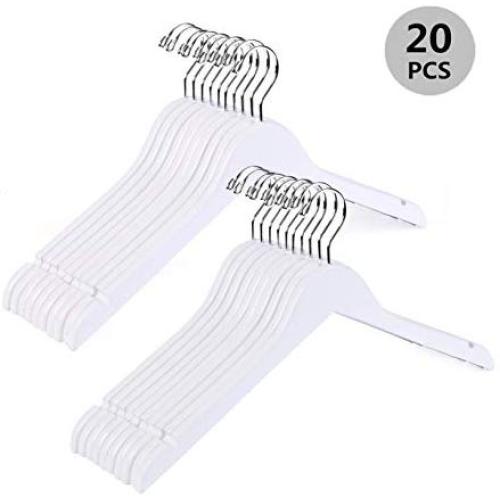 Better to U Solid Wooden Shirt and Dress Clothes Hangers with Chrome Hook, White Smooth Finished (20 Pack)