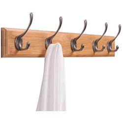 Wall Mounted Clothes Hanger Coat Rack Bamboo Robe Towel Keys Holder 5 Hooks 24inches Bamboo Natural