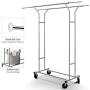 Simple Trending Double Rail Clothes Garment Rack, Heavy Duty Commercial Grade Clothing Rolling Rack on Wheels with Expandable Collapsible Clothing Rack, Holds up to 200 lbs, Chrome