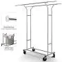 Simple Trending Double Rail Clothes Garment Rack, Heavy Duty Commercial Grade Clothing Rolling Rack on Wheels with Expandable Collapsible Clothing Rack, Holds up to 200 lbs, Chrome