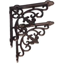 2 Pack Ornate Cast Iron Farmhouse Fleur de lis Antique Style Brown/Black Shelf Bracket & Plant Hanger Perfect for Shelves Around The House 1.5-Inch x 7.5-Inch x 7.5-Inch CI152